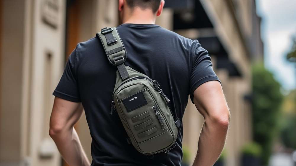 A man wearing a tactical sling bag on his back