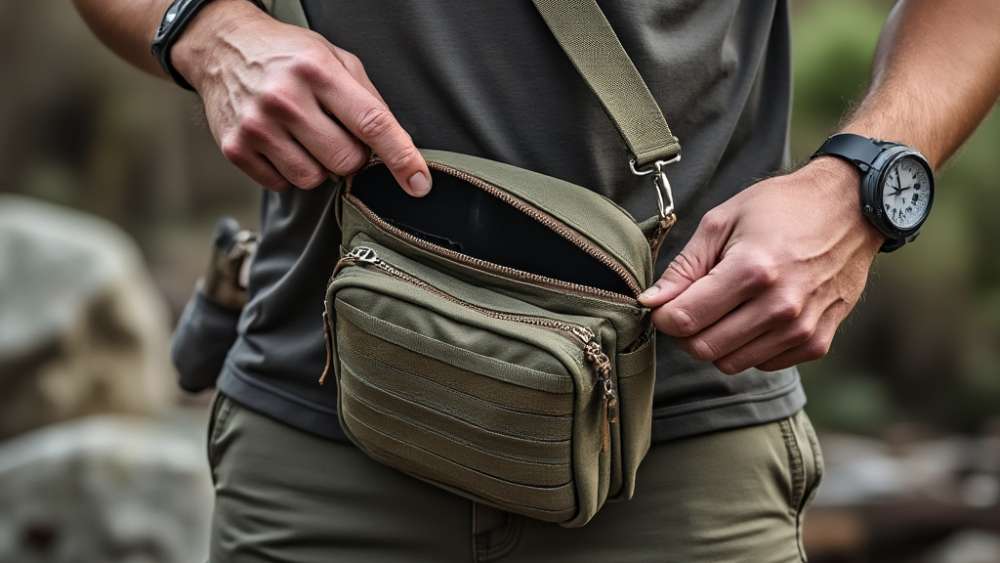 A man opening his tactical sling bag