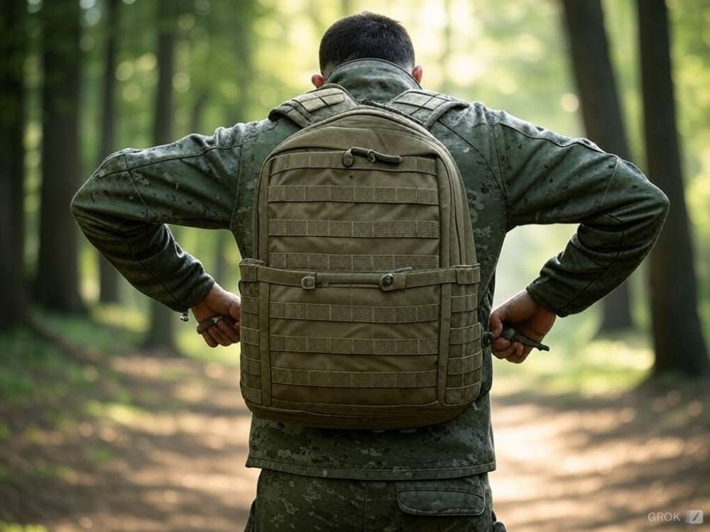 A man wearing a tactical backpack