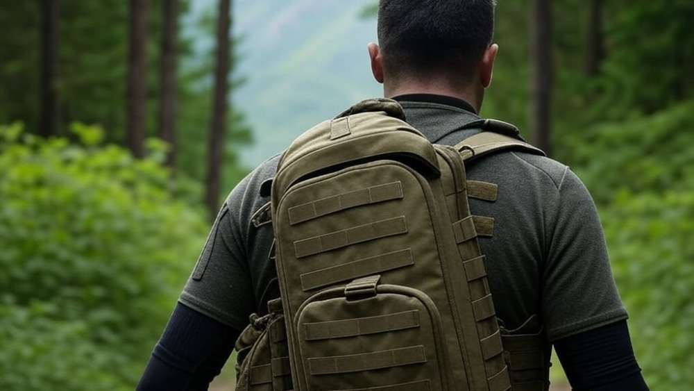 A man wearing a tactical backpack